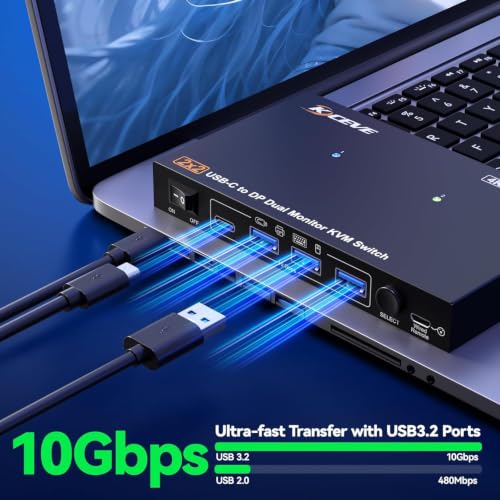 Image of USB C KVM Switch 2 Monitors 2 Computers 4K@60Hz, Camgeet Dual Monior KVM Switch 2 Laptops Share 2 Monitors and 4 10Gbps USB Ports, USB3.2, PD 100W, Wired Remote, USB-C Cables and 12V Power Adapter