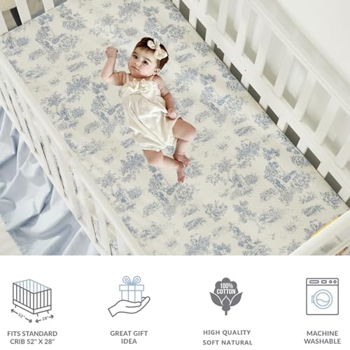 Image of Brandream Baby Crib Sheets for Girls Boys, Fitted Crib Sheet for Standard Crib and Toddler Mattress, Super Soft 100% Cotton Baby Sheet French Country Toile Floral Print, Crib /Toddler