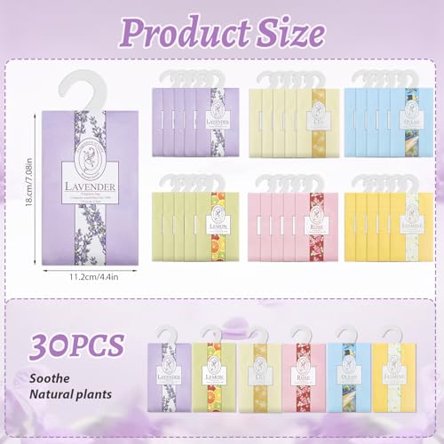 BREANIFULL 30 Pack Scented Sachet Bags Natural Mothproof Agent 6 Different Fragrances Wardrobe Freshener with Hanging Sachets Wardrobe Fresheners Bathroom Cart for Clothes Room Drawers Car