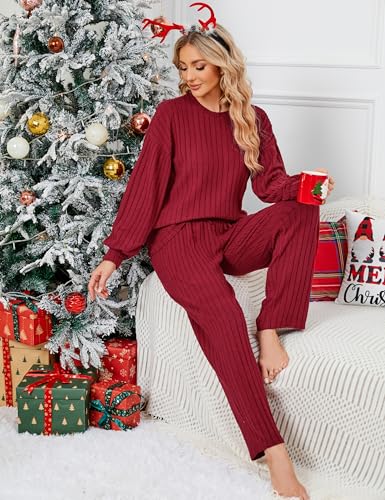 Image of Blooming Jelly Women Ribbed Long Sleeve Pajama Sets Fall Loungewear Pockets