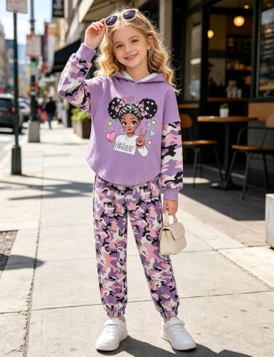 Image of Girls Fall Outfits Sweetie-girl Hoodie and Camo Pants Size 6-16 | Curved Hem Design,Skin-friendly Cotton Blend,for Daily School Playdates,Fall&Winter,Easy On & Off Pullover
