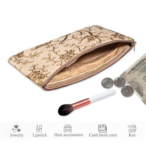 Image of Kuber Industries 2 Pcs Polyester Hand Purse for Woman with Zip | Lightweight & Compact Ladies Purse /Wallet for Travelling, Party, Wedding & Events | Embroidery Design - Cream