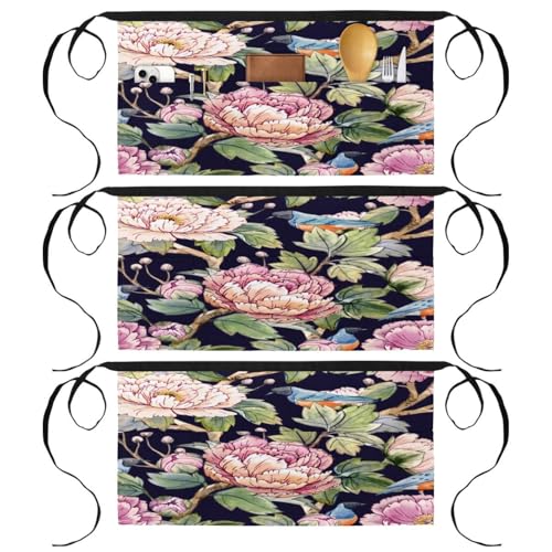 Tablier court de chef motif floral chinois printanier lot de 3 demi-tabliers