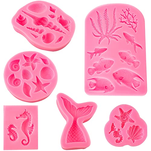 Mermaid Silicone Mold Marine Fondant Cake Mold 6 Pieces Mermaid Tail Chocolate Candy Soap Resin Polymer Clay Mold Seashell Seaweed Seahorse Sea Turtle Silicone Baking Mold
