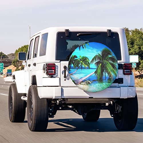 Image of Tropical Palms Trees Navy Blue Ocean Beach Spare Tire Cover Dust-Proof Wheel Tire Cover Fit Trailer, RV, SUV and Many Vehicle 16 Inch