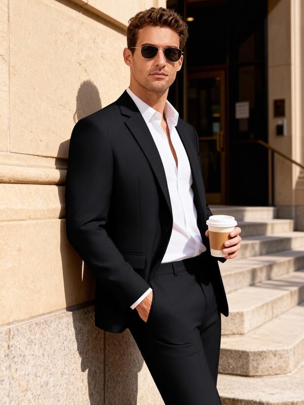  Mens 2 Piece Suit Slim Fit Solid Wedding Prom Tuxedo Suit with One Button Notch Lapel Blazer and Pants thumbnail