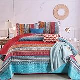 WONGS BEDDING Boho Quilt Set King Size, Bohemian Red Christmas Stripe 3 Pieces Bedspread Set Lightweight Microfiber All Season Christmas Bedding Coverlet Set for King Bed (104'x90')