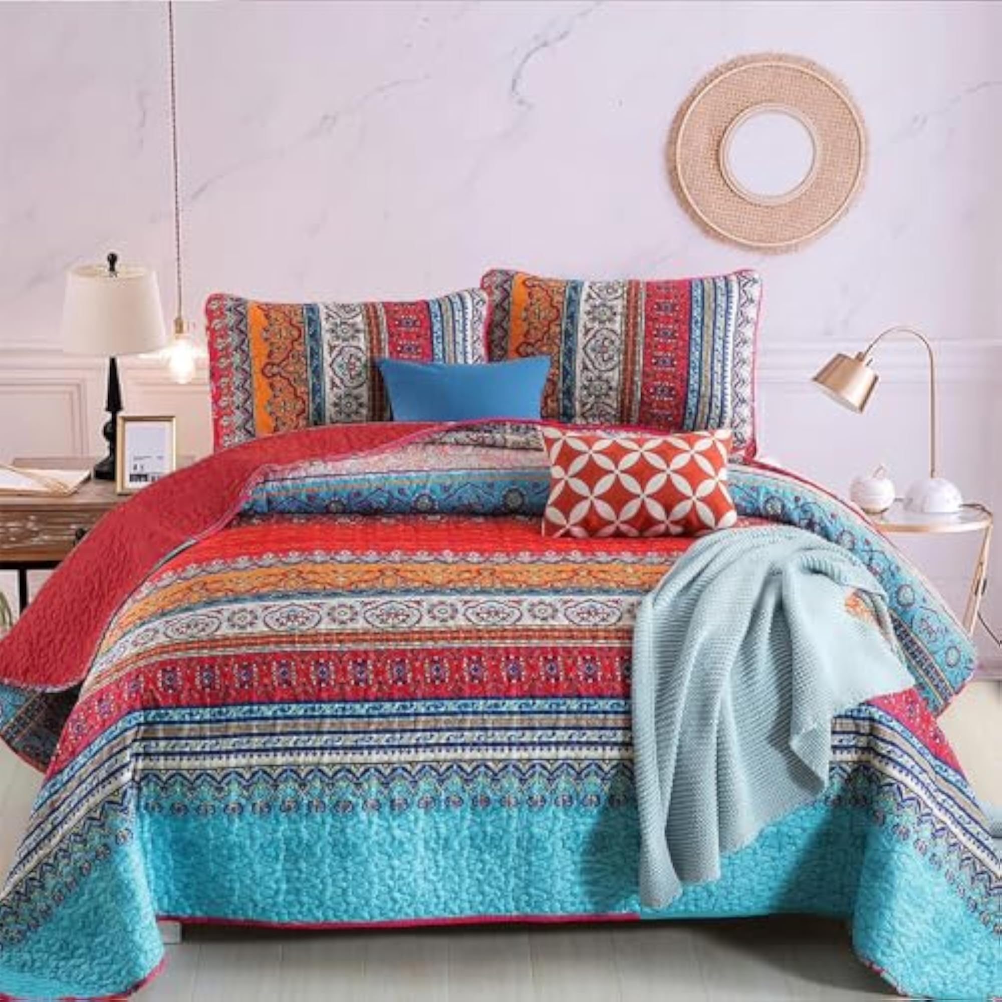 3pc Bohemian Quilt Set, Lightweight Summer Bedspread