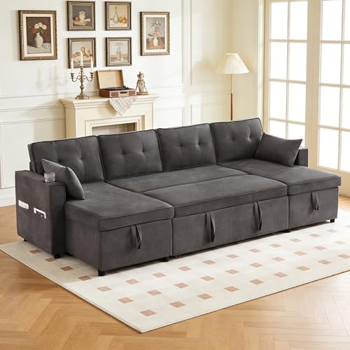 Wyibwy Sofá en U con portavasos y 2 Compartimentos de Almacenamiento,Sofá de 4 plazas con función de Cama,Sofá Modular con 2 Chaise Longues,Sofá de 4 plazas con Bolsillo Lateral,Algodón y Lino,Gris