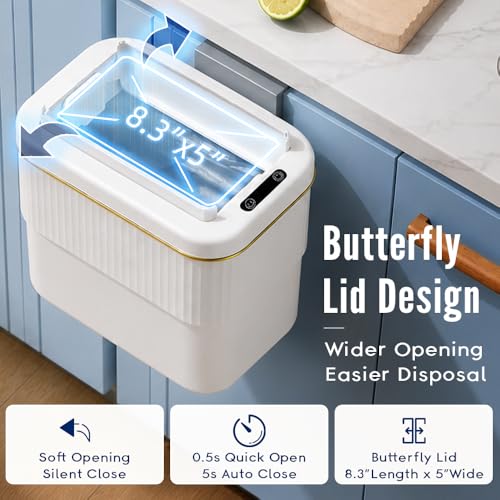 Image of Sensor Bathroom Trash Can with Lid, 2.5 Gallon Motion Sensor Garbage Can,Automatic Touchless Trash Cans, Small hanging garbage bin,Mountable /Desk for Kitchen Compost Bin,Office,White Gold Decor