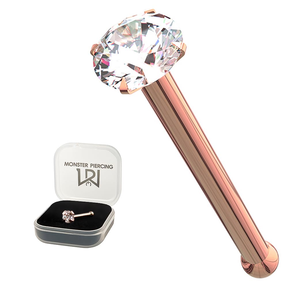 Monster Piercing - 14K Gold Echtgold | Nasenpiercing Nasenstecker Stud | Kristallstein | Stabstärke: 22G (0,6 mm) | Stablänge: 6mm | Steingröße: 1,5mm bis 2,5mm | Hypoallergen