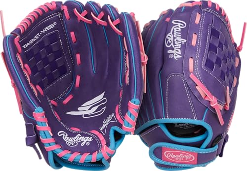 Image of Rawlings | Sure Catch Youth Series Softball Glove | 11 inch | Left Hand Throw | Purple /Columbia Blue /Pink