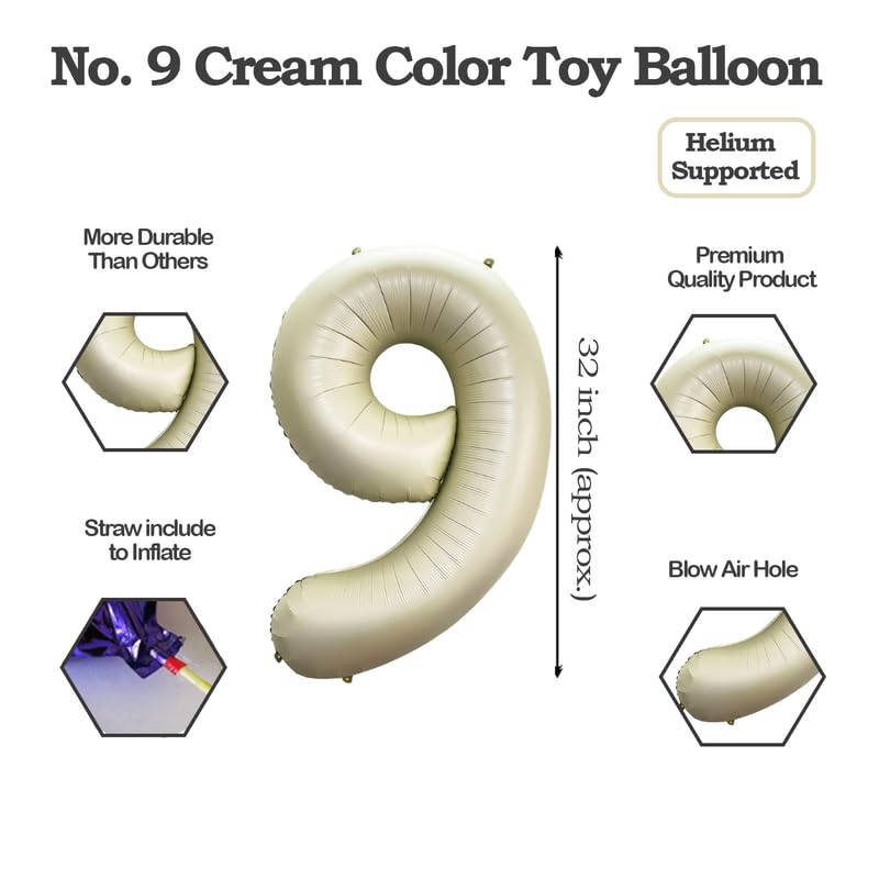 Image of Cream Color 32 Inch Number Helium Foil Balloon For Birthday Decoration Items | Number foil Balloon 9 | Anniversary Decoration Items | Pack of 14
