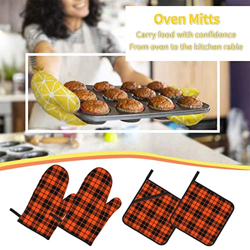 Halloween Oven Mitts And Pot Holders Sets Of 4 Orange Black Buffalo Plaid Kitchen Potholder Gloves Heat Resistant Non-Slip For Chef Baking Cooking Grilling Bbq Mittens #TOP5