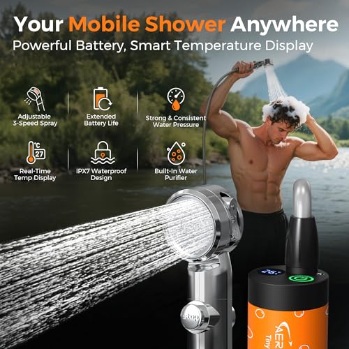 Ducha portátil para camping, bomba de ducha recargable con pantalla LED, 3 modos de pulverización, presión fuerte, batería de larga duración, apta para baño de mascotas, lavado de coches, senderismo, viaje y RV miniatura 2