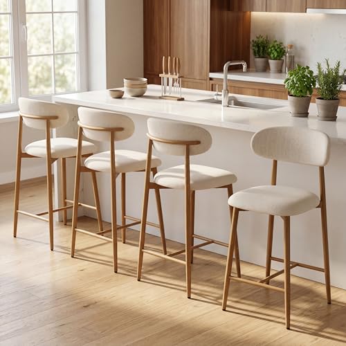 Image of AQO Counter Height Bar Stools Set of 4, Upholstered Counter Stools Modern Barstools with Metal Legs for Kitchen Island Dining Room, Beige