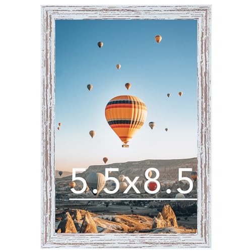 Image of JCJMY 5.5x8.5 Picture Frame for Wall Hanging or Tabletop, Wall Mounting Horizontally or Vertically, 5.5 x 8.5 Wall Gallery Poster Photo Frame with Durable Shatter Resistant Plexiglass, Rustic White