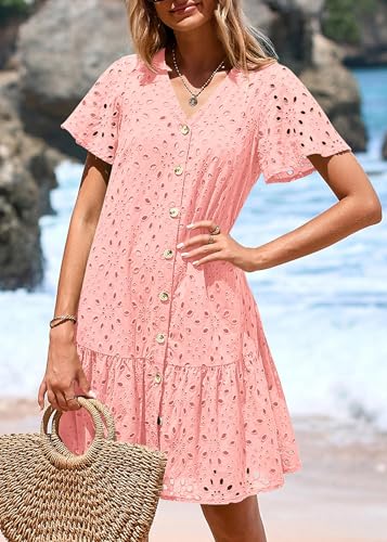 Image of KIRUNDO Eyelet Dresses for Women Button Down Mini Babydoll | 2026 Summer Short Sleeve Boho Sundress, Loose Fit V Neck Short Dress With Pockets, A Line, Cruise Beach Vacation Outfits