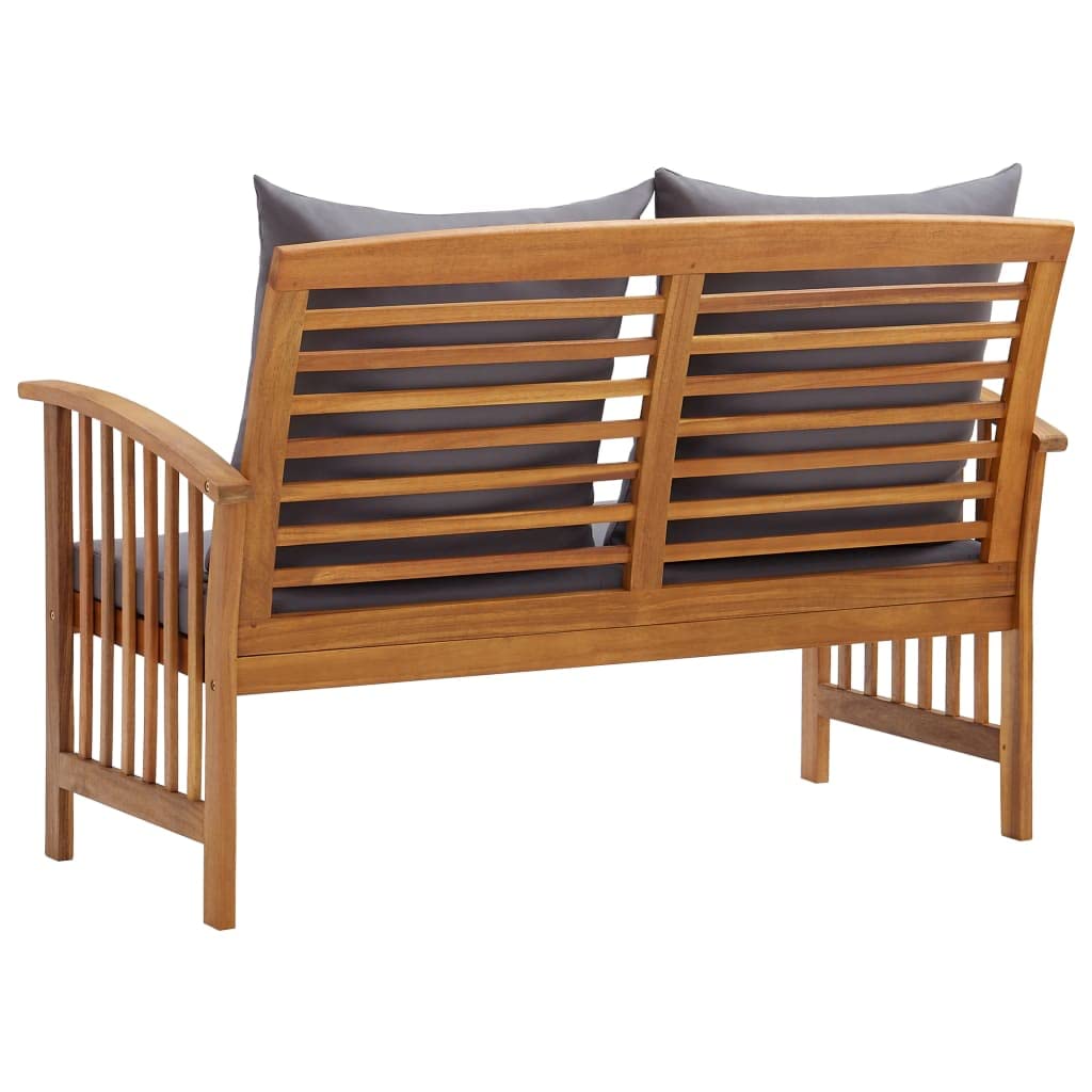 Ławka ogrodowa z poduszką 119 cm, olejowane lite drewno akacjowe, ciemnoszara, odporna na warunki atmosferyczne, na balkon i do ogrodu, wygodna ławka do siedzenia na zewnątrz