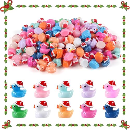 50 PCS Mini Ducks Christmas Hat Mini Resin Ducks 10 Colors Tiny Ducks for Christmas Party Bag Fillers Indoor Decoration Christmas Ducks Micro Landscape Dollhouse Miniature Statue Small Ducks