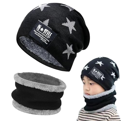 Gxlaihly Gorro de invierno para niños,Conjunto de Gorro de Punto Invierno Térmico y Bufanda para Niños,Gorra con bufanda de punto con Forro de Lana para Niños y Niñas, 4 15 años (negro)