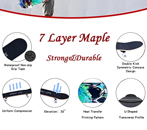 Image of Skateboards for Beginners Kids Boys Girls and Adults,31''x8'', 7-Layer Maple, Double Kick Concave, Fascinating Cool, Solid&Durable