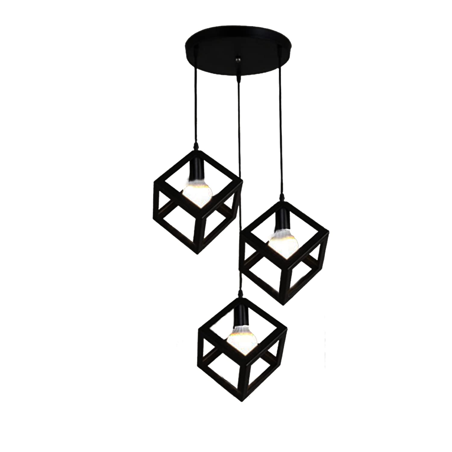 DC VOLTAGE Retro Style Ceiling Light, Loft 3 Head Chandelier, Lantern Black Metal Naked Shades, Adjustable Hanging 60W E27 Base Pendant for Kitchen, Corridor, Living Room (Round Base - Square Shade) — image 1