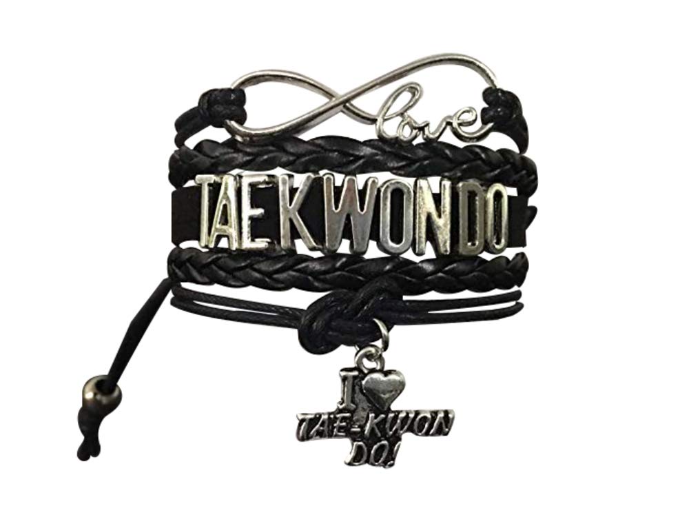 Taekwondo Charm Bracelet - Infinity Tae kwon do Adjustable Bracelet with Martial Arts Charm - Gift for Women and Teens (Black), 7", Silicone, leather