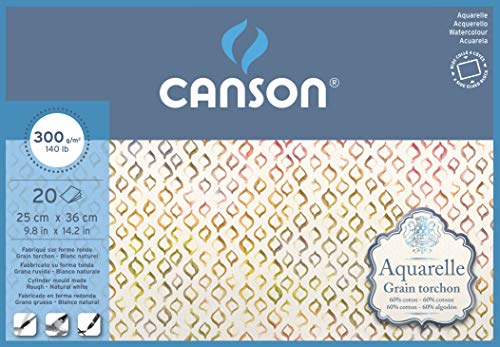 Canson Aquarelle - Bloc Encolado A 4 Lados, 25 X 36 Cm, 20 Hojas, 60% Algodón, Grano Grueso, 300 G