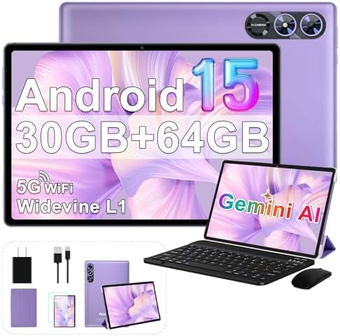 2026 Android 15 Tablet, 10 Inch Tablets with Gemini AI, 30GB+64GB+1TB Expand, 2-in-1 Octa-Core Electronics Tablets with Keyboard, Mouse, 5G WiFi, 6000mAh, GPS, Widevine L1, Split Screen -Violet