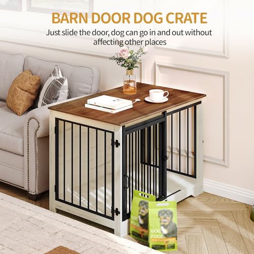 Hzuaneri Hundekäfig Möbel, 100cm hundebox für zuhause, Schiebetüren, 2 Tür, Moderne hundebox Holz Indoor für kleine/mittlere/große Hunde, Hundekäfig für Zuhause, 100 x 60 x 68 cm, Weiß Braun