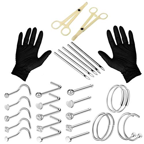 Unihubys Piercing Kit - 35Pcs Professional Nose Piercing Kit 20G Nose Rings Studs Piercing Needles Piercing Clamps Gloves Stainless Steel Body Jewelry Nose Rings Hoop for Womens Mens Piercing Kit