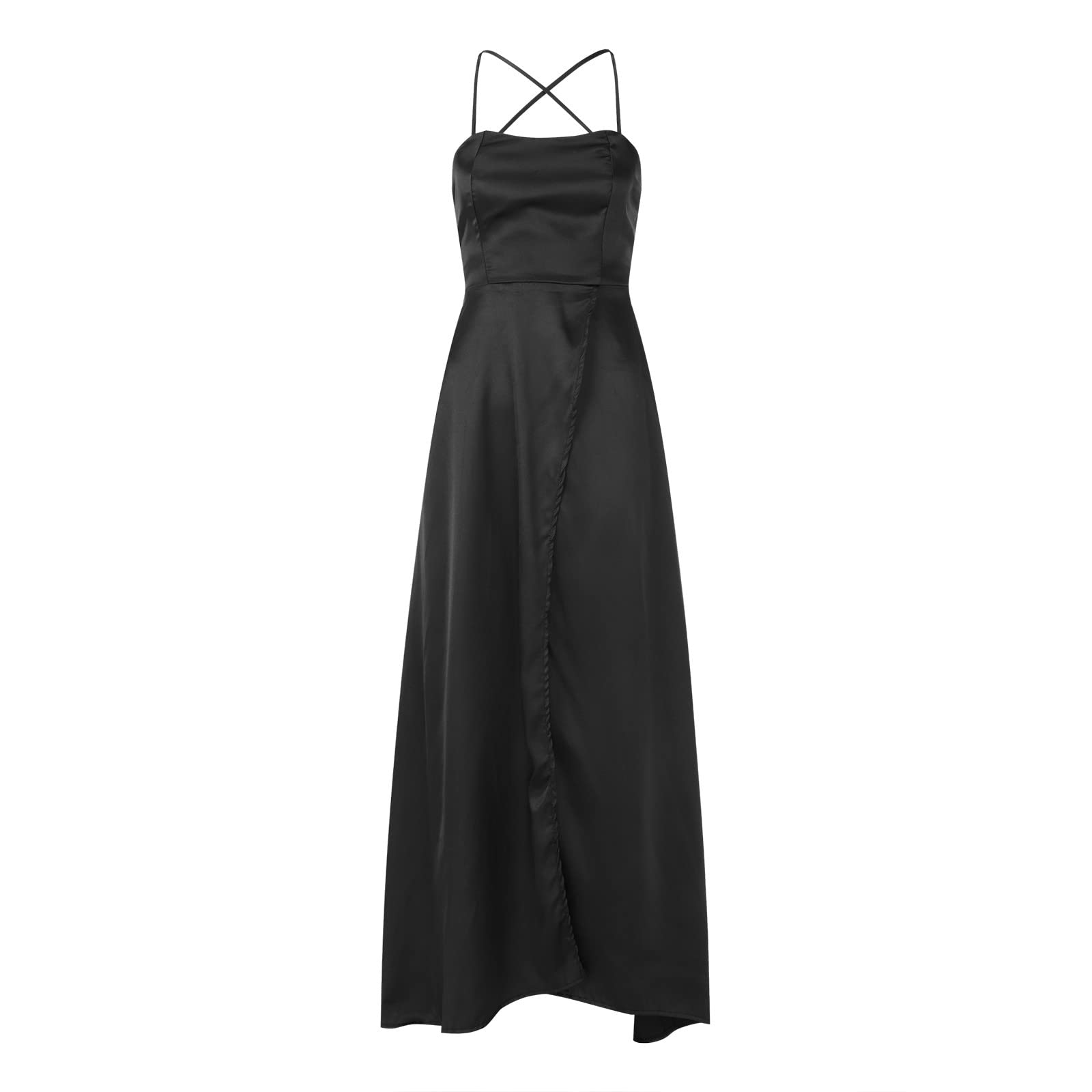 Generisch Vestido de fiesta largo para mujer, elegante, sin espalda, largo, de satén, espagueti, para fiesta, con abertura lateral, para boda, fiesta de noche, con bolsillos
