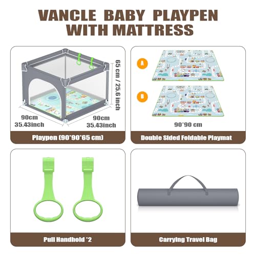 Vancle Baby Playpen with Mat 90cm x 90cm, Grey, For Kids Safety Play Yard, Indoor & Outdoor, Activity Center - Image 3