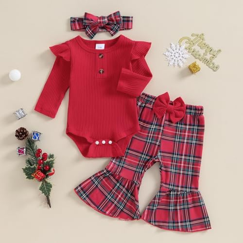 Baby Girl Christmas Ouftis Ribbed Long Sleeve Romper with Plaid Flare Pants and Headband Outfit2