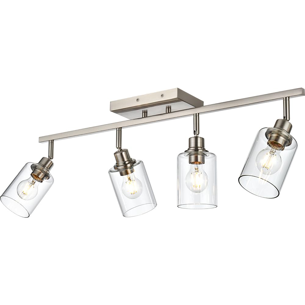 Bathroom Vanity Lighting,Modern 4-Light Track Lighting Fixtures Ceiling,Brushed Nickel Semi Flush Mount Ceiling Light with Clear Glass Shade Flexibly Rotatable Light Head Kitchen Track Light