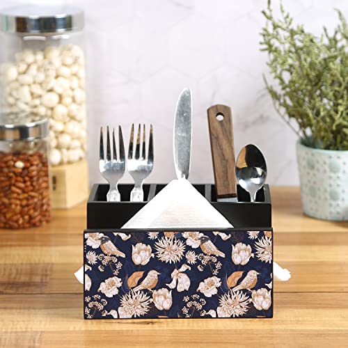 Image of Reinvention Factory Wooden Cutlery Holder I Countertop Organizer - Spoon Fork Knife Napkin Tissue Paper Desk Supplies Pencil Pen Stationery Stand, Size 7 X 5 4 Tutsi Bird, Black