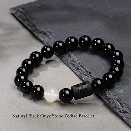 VLINRAS Zodiac Bracelet for Men Women, 8mm 10mm Natural Black Onyx Stone Star Sign Constellation Horoscope Bracelet Gifts3