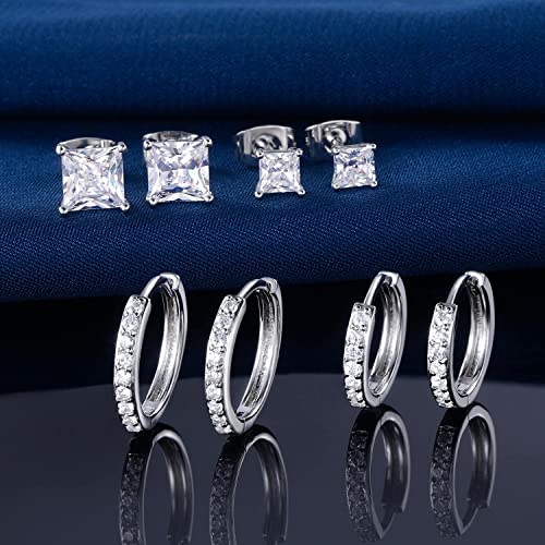 18K White Gold Plated Cubic Zirconia Tiny Huggie Hoop Earrings Pack For Women Men 4 Pairs #TOP2