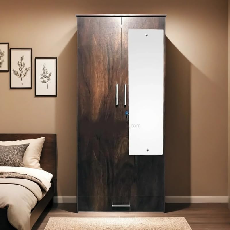 CASPIAN Engineered Wood 2 Door Wardrobe (Brown) | Pre-Assembled Furniture with Dressing Mirror | Cupboard/Almirah for Bedroom Clothes Storage Organizer with 4 Shelves & 3 Drawers