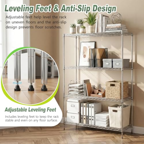Image of BestOffice 4-Tier Wire Shelving Unit, 1000 LBS Heavy Duty Metal Storage Shelves, Adjustable Wire Shelf for Garage, Kitchen, Pantry, Utility Shelving Rack with Leveling Feet, Chrome