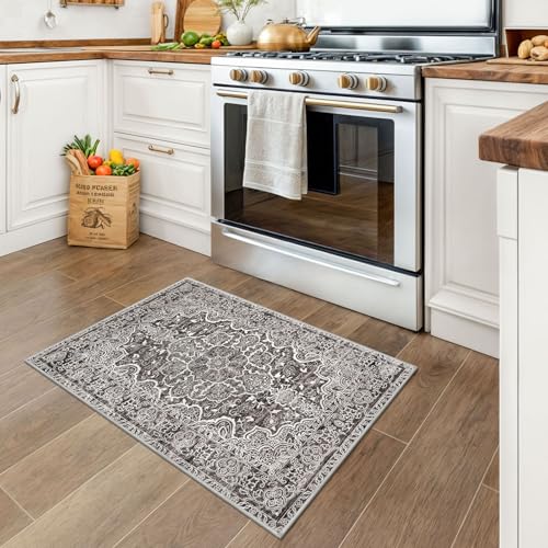 KUTA Vintage Small Area Rug 2x3 Tan Grey Washable Vintage Entryway Rugs Non-Slip Ultra Soft Floral Doormat Printed Retro Distressed Carpet Accent Farmhouse Kitchen Throw