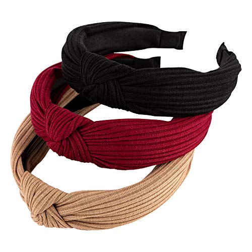AIEX 3pcs Knotted Headbands Vintage Fashion Cross Knot Hair Band Turban Wide Headbands Hair Accessories for Women(3 Colors)