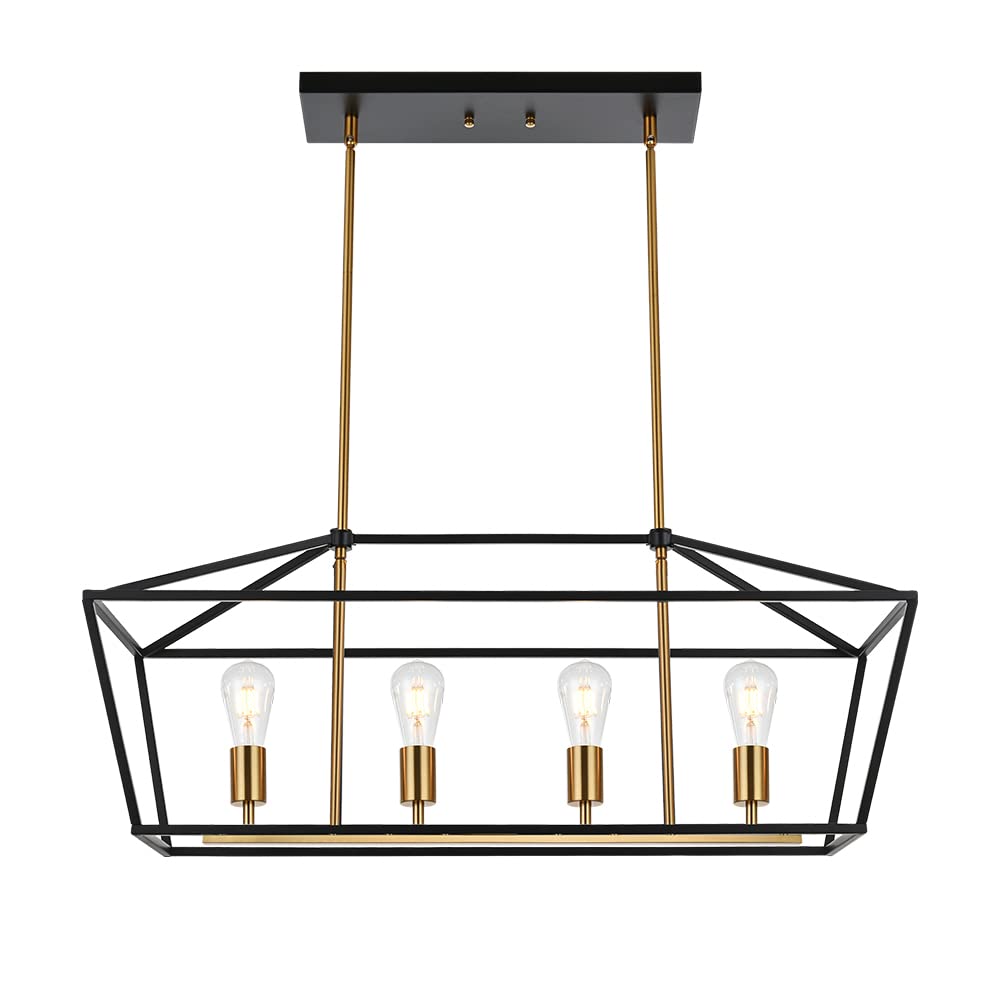 Photo 1 of BONLICHT Traditional Black Kitchen Island Chandelier Rectangle 4 Light Linear Dining Room Lighting Fixture Hanging Brushed Brass Industrial Farmhouse Chandeliers for Bar Foyer Restaurant, E26 Base Black and Gold 4 lights