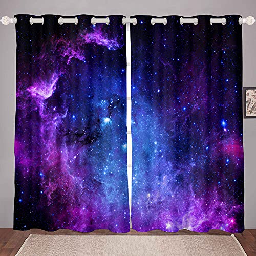 Loussiesd Galaxy Curtains for Girls Boys Teens Kids Starry Sky Window Drapes Outer Space Cosmos Window Treatments Ultra Soft Blue Purple Milky Way Window Curtain (2 Panels