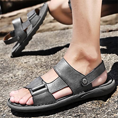 Sandals Men ' s Cowhide Casual Beach Shoes Genuine Leather Thick Sole Anti Slip Male Toe Shoes Black Brown(40)2