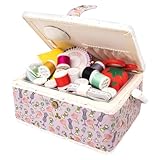 Medium Sewing Basket Organizer with Complete Sewing Kit Accessories Included - Wooden Sewing Box Kit with Removable Tray and Tomato Pincushion for Sewing Mending - Red