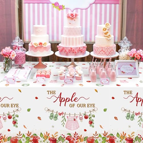 Image of K1tpde Apple Baby Shower Tablecloth - 3PCS Fall The Apple of Our Eye with Watercolor Flower Plastic Tablecloth, Disposable Sweet Baby Tablecover, Spring Floral Party Supplies for Birthday Decorations