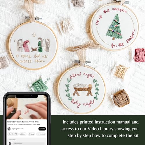 Image of Elly & Grace Christian Embroidery Kit with Embroidery Hoop, Easy Embroidery Kit for Beginners and Adults, Full Embroidery Hoop Kit with Needles and Thread Included (Silent Night)