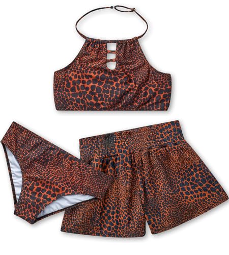 Image of Volcom Girls' Swimsuit Set - 3 Piece UPF50+ High Neck Bikini Top, Bikini Bottom and Matching Swim Shorts for Girls (2T-16)
